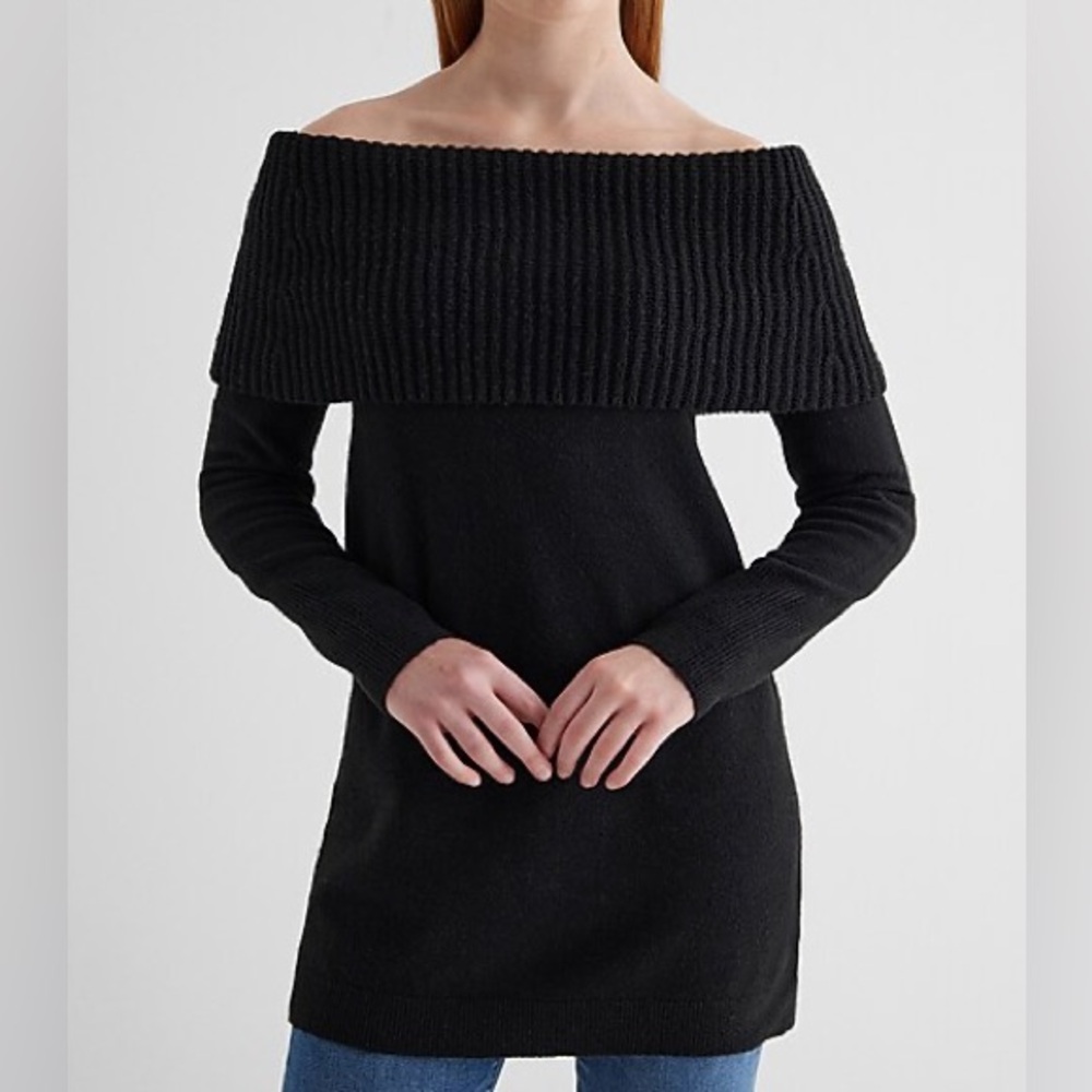 EXPRESS Black Ribbed Off the Shoulder Overlay Sweater